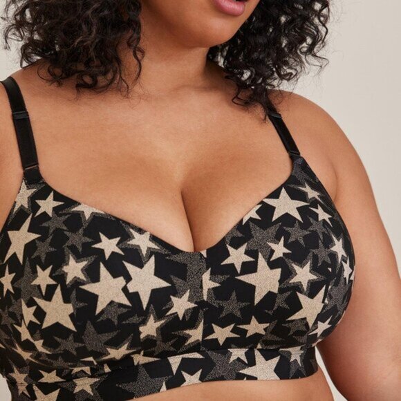 Torrid Curve Dream Wire-Free Bra Black Gold Star Print Size 44DDD 44F Longline - Picture 2 of 7